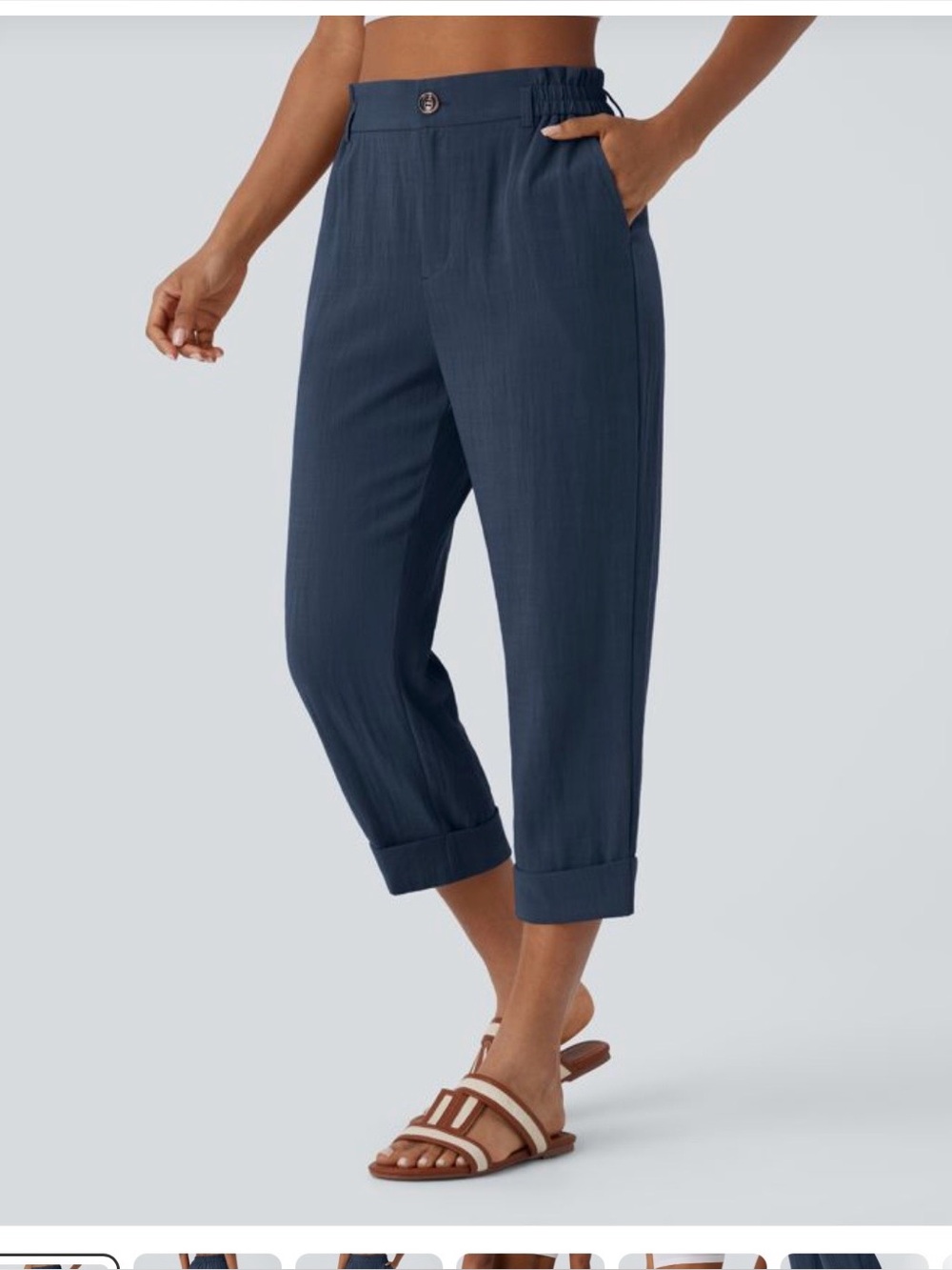 High Waisted Zipper Pocket Cropped Linen-Feel Pants navy blue size small